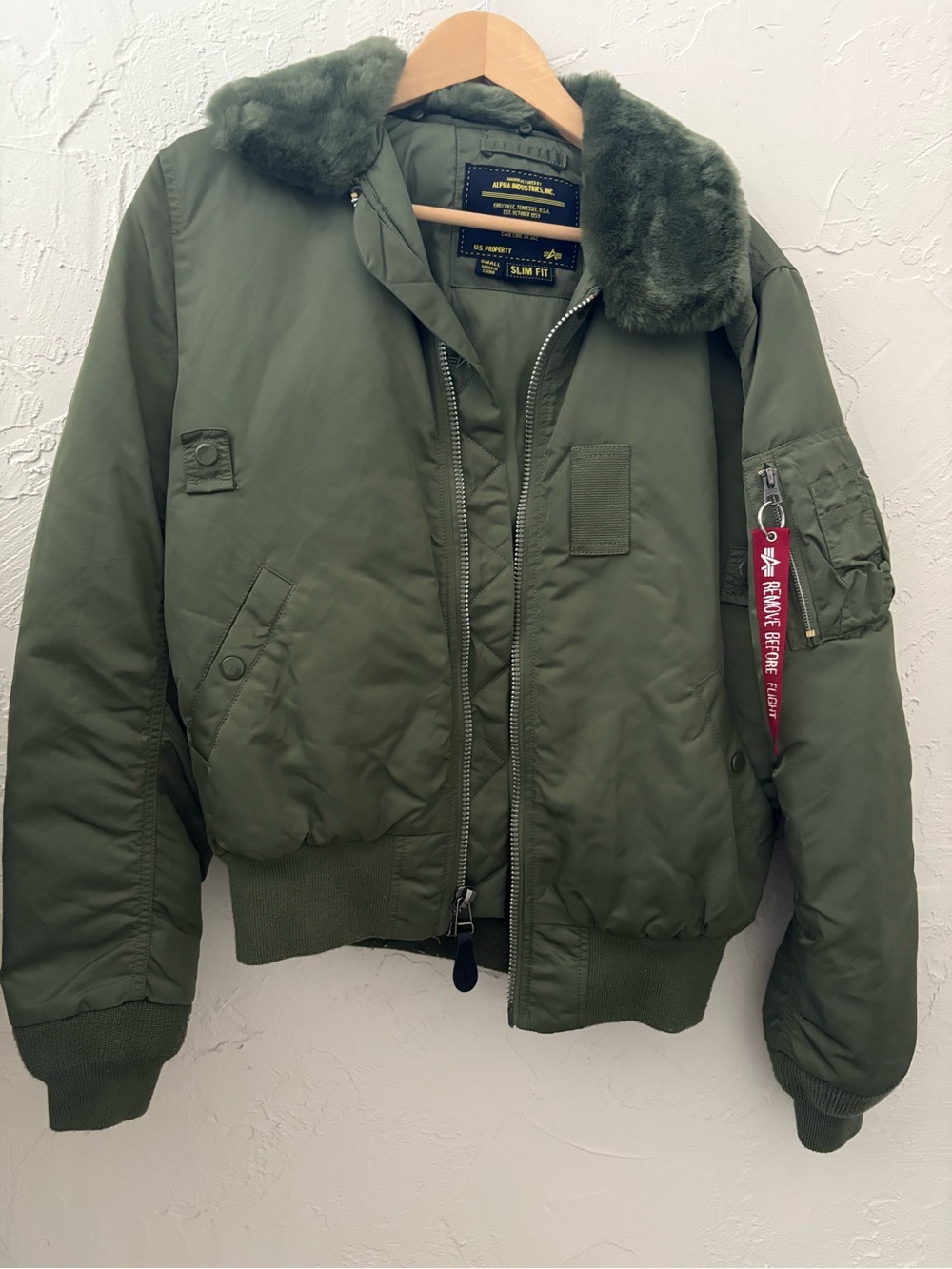 Alpha Industries Men's Olive Green Bomber Jacket with Faux Fur Collar